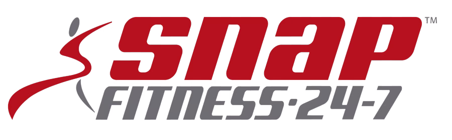 Snap Fitness logo with bold red and gray text, stylized figure, 24/7 operational hours.