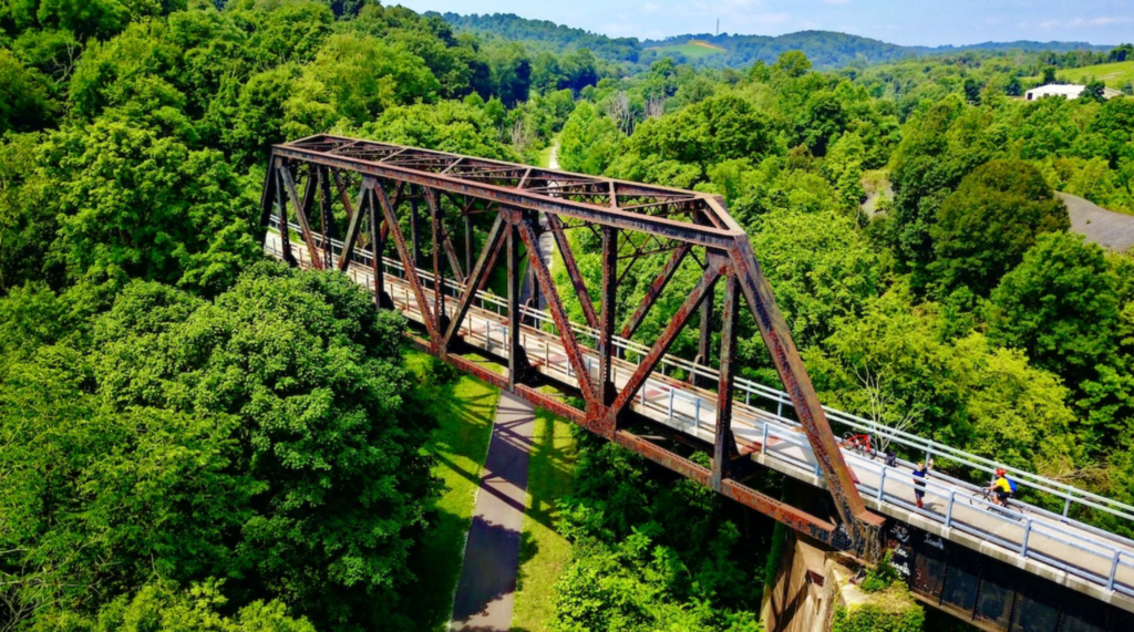 Bridge with vibrant green trees in background above road